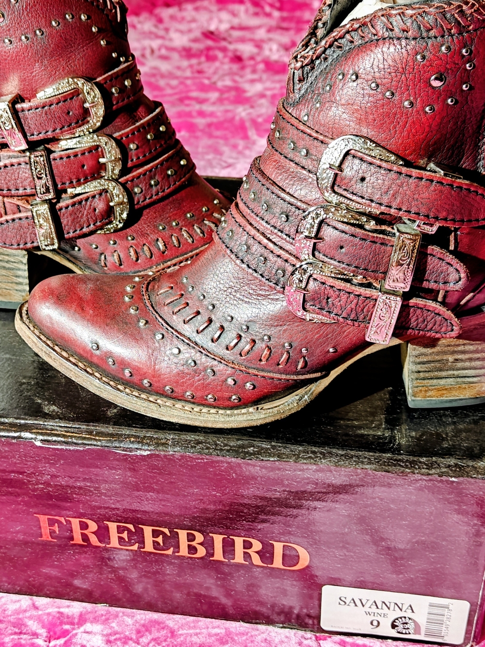 freebird Savanna wine-red studded leather ankle boots with triple buckles